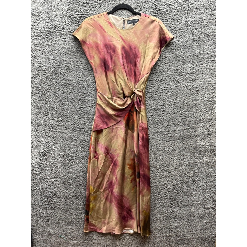 Zara‎ Tie-Dye Print Satin Short Sleeve Maxi Dress Multicolor Womens Size XS